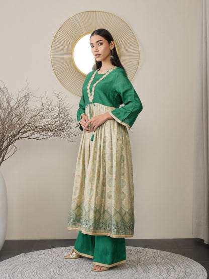 Ethnic Motifs Printed Square Neck Gotta Patti Tissue Anarkali Kurta With Palazzos