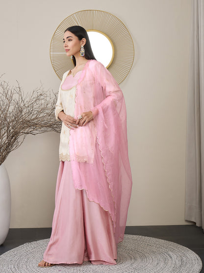 Ethnic Motifs Yoke Design Sweetheart Neck Brocade Kurti with Palazzos & Dupatta
