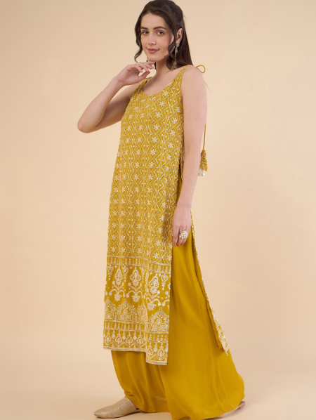 Paisley Embroidered High Slit Chikankari Kurta with Palazzos