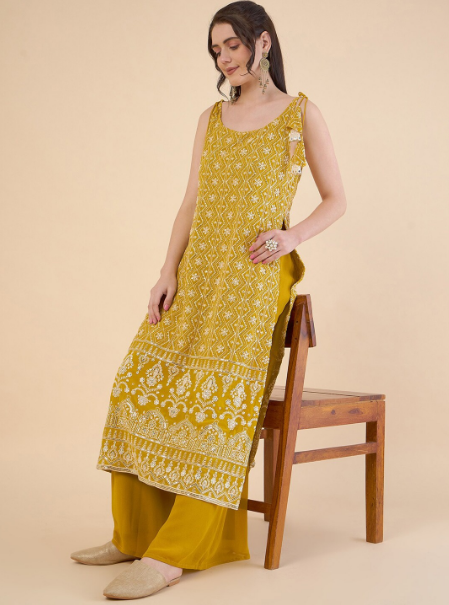 Paisley Embroidered High Slit Chikankari Kurta with Palazzos